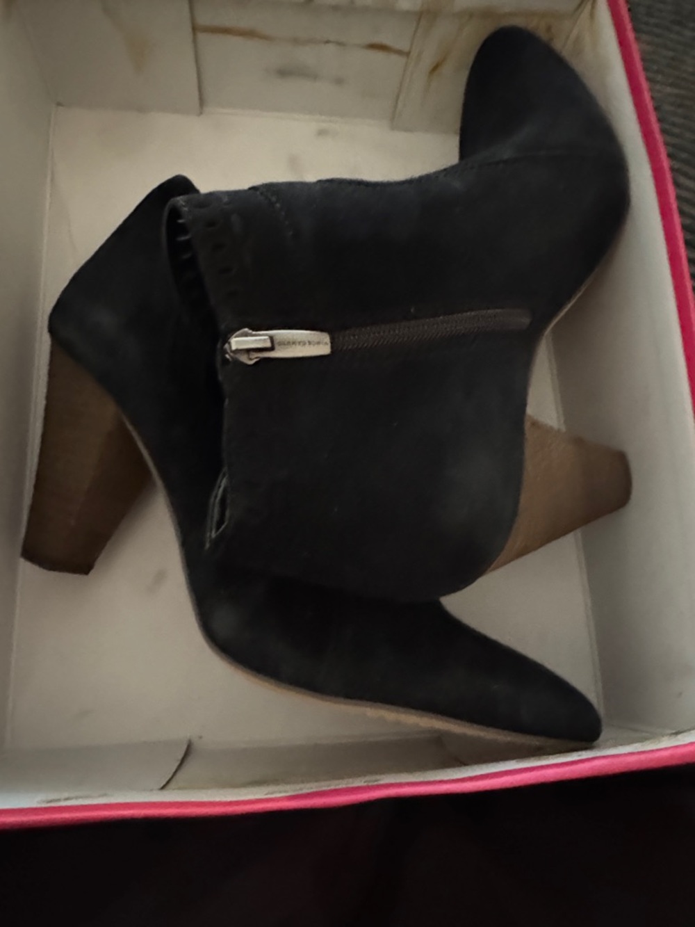 Vince Camuto Black Suede Ankle Booties with Wood-Tone Stacked Heel. Reeista